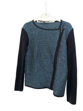St. John Nautical turquoise black Santana knit moto zip sweater jacket S